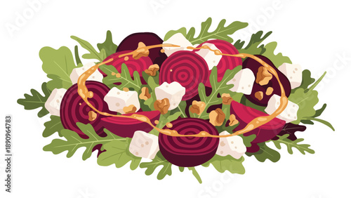 Vibrant and Fresh Beetroot Salad with Crumbled Feta, Toasted Walnuts, and Crisp Arugula Leaves, Drizzled with a Golden Vinaigrette. A truly