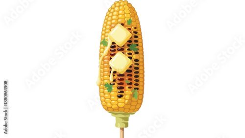 Sweet grilled corn on the cob with melting butter and fresh herbs for a delicious summer snack on a stick a perfect outdoor meal illustration