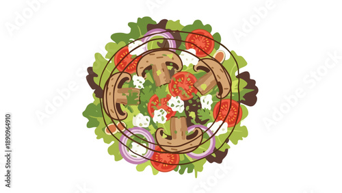 Vibrant healthy salad illustration with fresh vegetables mushrooms tomatoes onions feta cheese and leafy greens for a nutritious meal. A delightful