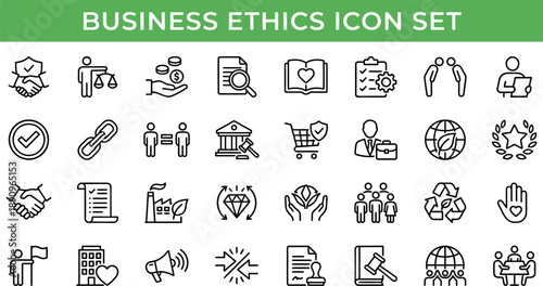 Business Ethics and Compliance Outline Vector Icon Set — Corporate ESG and Responsibility Editable Stroke Icons for Web and App UI