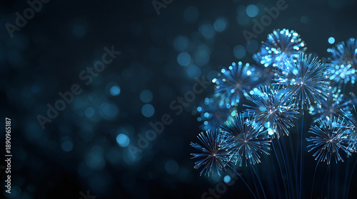 A captivating display of luminous blue fireworks, exploding against a dark background, creating a mesmerizing spectacle. The blurred bokeh effect adds depth to this visual art.