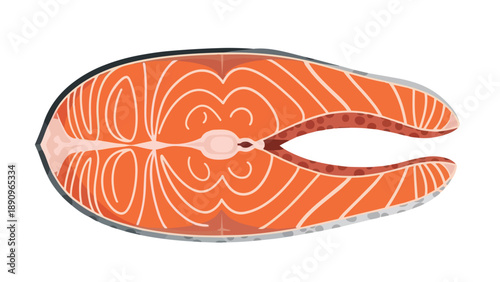 Fresh raw salmon steak illustration with vibrant orange flesh and distinct white fat lines, highlighting healthy food choices. Ideal for culinary