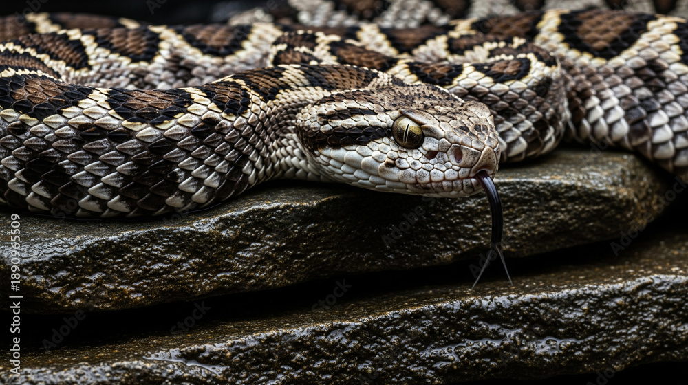 Obraz premium Close-up Portrait of a Venomous Viper Resting on Dark Wet Rocks, Emphasizing Camouflage Pattern