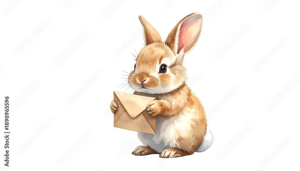 Fototapeta premium A charming watercolor-style bunny, brown fur, holding an envelope, black background