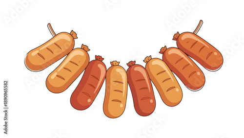 Appetizing digital illustration of cooked sausages in golden and reddish hues, arranged semicircularly on a white background, emphasizing delicious