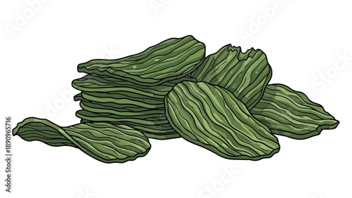 A visually appealing illustration showcases stacked green dehydrated vegetable crisps, featuring a distinctive wavy texture and organic aesthetic.