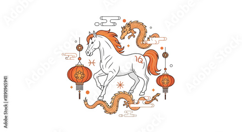 Vector illustration of a white horse with orange mane and tail, surrounded by red lanterns and dragon designs, celebrating the Chinese New Year with a Fire Horse zodiac theme.