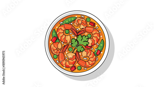 Delicious animated shrimp curry with vibrant green peas, red pepper cubes, and a fresh cilantro garnish, perfectly illustrated for a captivating