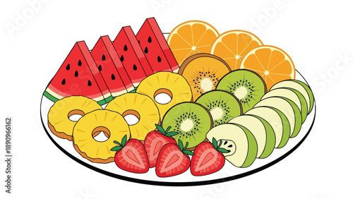 An illustrative bounty of freshly sliced fruits arranged on a platter showcasing a vibrant assortment of healthy and refreshing natural delicacies