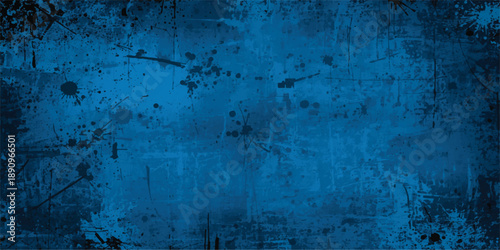 Abstract blue color background. Dynamic shapes composition.Vintage wide long backdrop use for design web banner with scratches and cracks. Old stained dark concrete, distressed texture.