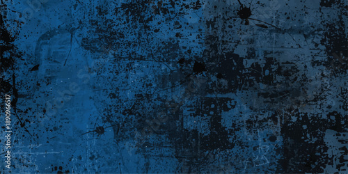 Abstract blue color background. Dynamic shapes composition.Vintage wide long backdrop use for design web banner with scratches and cracks. Old stained dark concrete, distressed texture.