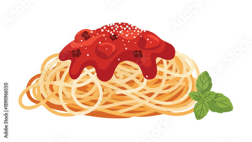 A delightful illustration of classic Italian spaghetti, generously topped with a vibrant red tomato sauce, delicate white sprinkles, and fresh green