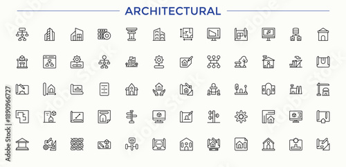 Architectural linear icon set. Engineer icon set. It contains symbols to engineering, home, architect, design, blueprint, measurement, house. Vector illustration. Pixel perfect.