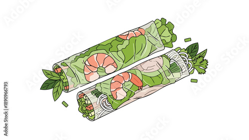 Two vibrant fresh spring rolls brimming with succulent shrimp, crisp greens, and rice noodles a wholesome culinary delight