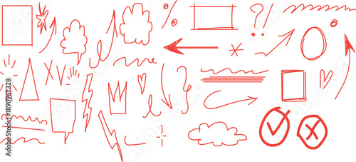  collection of hand-drawn red doodle elements, including various symbols and arrows