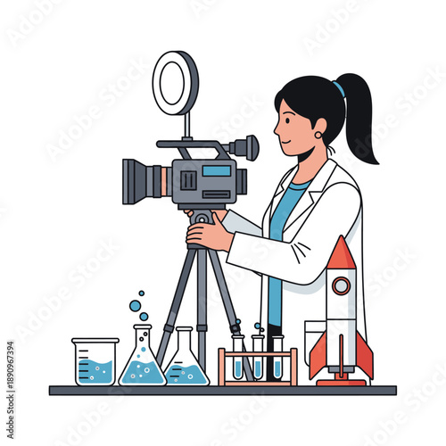 Scientist operating a video camera with rocket and beakers nearby