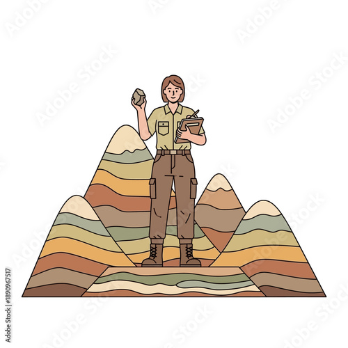 Geologist examines rock specimen with geological strata layers background