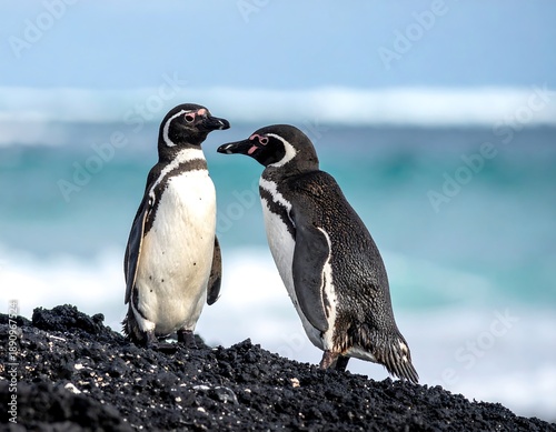 Two penguins on a rocky beach shore