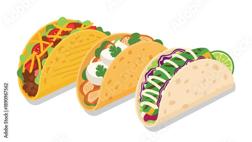 Vibrant collection of stylized Mexican tacos, featuring diverse fillings and crisp shells in an appealing culinary illustration.