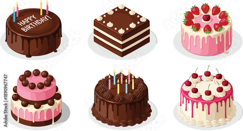 Birthday cake collection with chocolate strawberry cream layers candles and dripping icing desserts isolated on white background