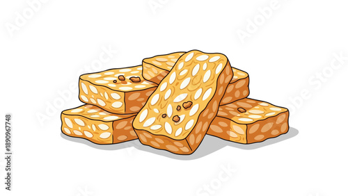 Vibrant illustration depicting a delightful stack of golden almond nougat bars, highlighting their appealing texture and sweet taste perfect for