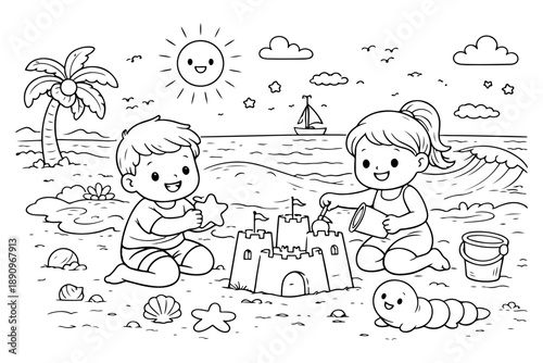 Children Building Sandcastles on Beach with Ocean Waves and Palm Tree