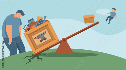 Man Struggles with Overflowing Trash Container on Sloped Hill