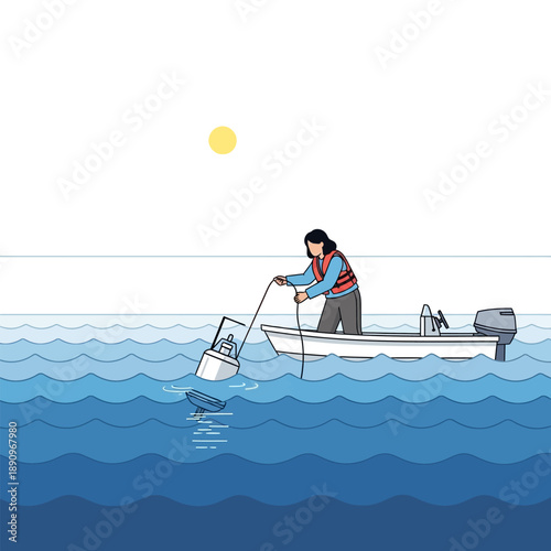 Scientist in boat collecting buoy sample from blue wavy ocean