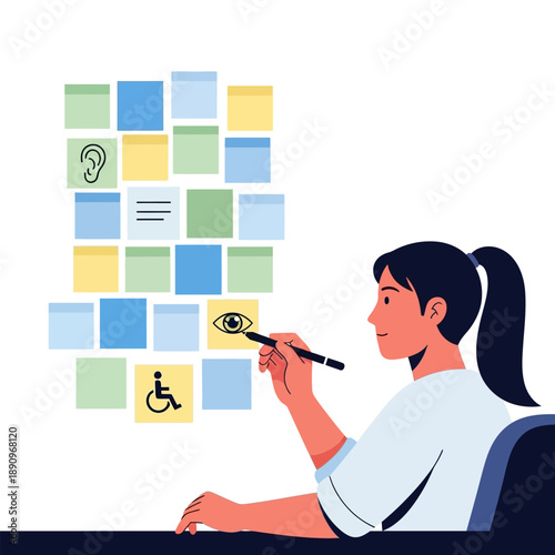 Woman planning with sticky notes on wall, accessibility and support concepts