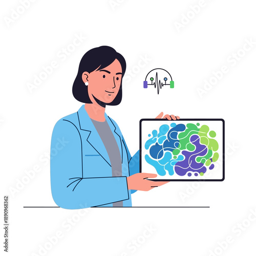 Scientist presents brain science illustration on tablet in a meeting