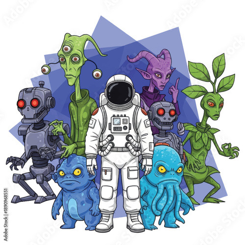 Astronaut Surrounded by Alien Creatures and Robots.