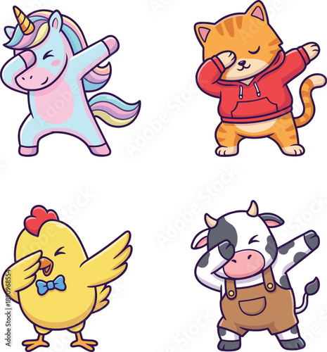 Adorable Cartoon Unicorn Cat Chicken and Cow Doing Dab Dance Pose vector illustration
