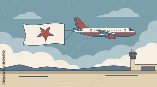 Airplane with Flag Over Airport Landscape, Digital Illustration in Daylight