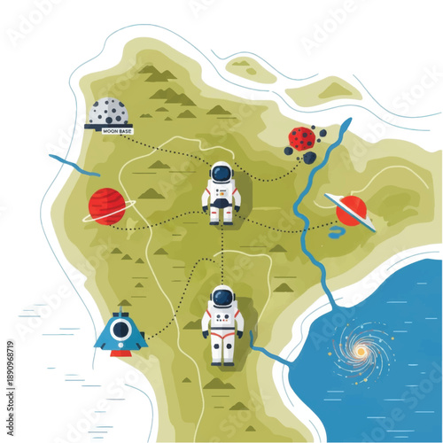 Astronauts on a Map with Icons.
