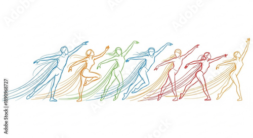 Multicolored dancing figures in dynamic poses with flowing lines expressing joy and movement on white background