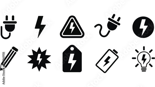 A collection of black and white electricity icons on a white background