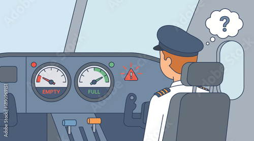 Pilot in Cockpit Monitoring Fuel Levels During Flight Emergency Situation, Animated Illustration