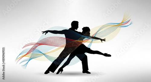 Dancing couple silhouette with colorful flowing ribbons dynamic movement and passion romantic atmosphere elegant background