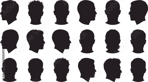 Collection of Male Head Silhouettes in Profile and Front Views on White Background vector illustration