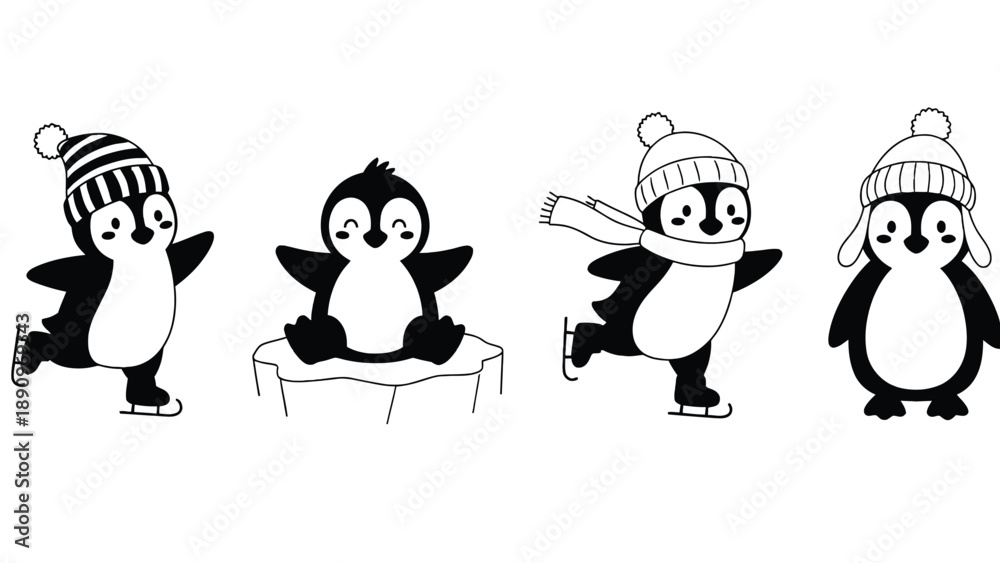 Fototapeta premium Four adorable penguins wearing winter hats in a playful scene