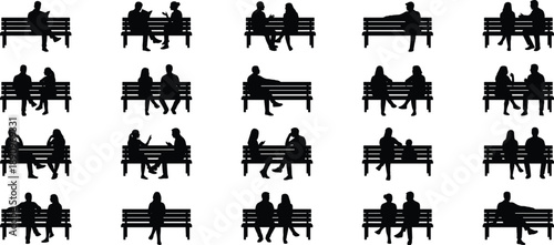 Multiple silhouettes of couples and families sitting on park benches Keywords: silhouette, people, park bench, sitting, couple