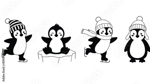 Four adorable penguins wearing winter hats in a playful scene