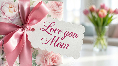 Wallpaper Mural Pink gift box wrapped in ribbon with peonies and love you mom tag. Floral present for celebrating motherhood. Mothers Day appreciation concept with tulips in background Torontodigital.ca