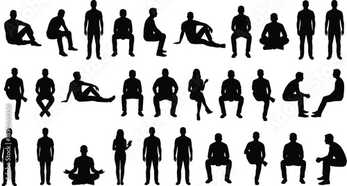Diverse Silhouettes of People Sitting Standing and Meditating on White Background woman