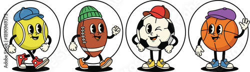 Retro cartoon sports balls with faces and hats in circles on white background Keywords: tennis ball, football, soccer ball
