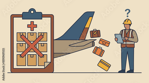 Worker Managing Luggage at Airport Cargo Area, Illustration, Industrial Environment