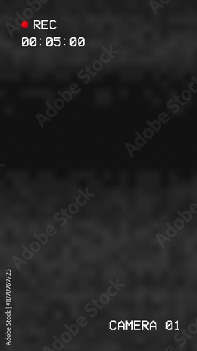 Vertical CCTV monitoring screen video overlay with static noise television, Security camera system on black background. 4K