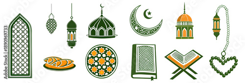 A collection of Islamic icons and symbols on a white background