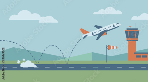 Airplane Departure at Airport Runway, Graphic Illustration, Calm Landscape