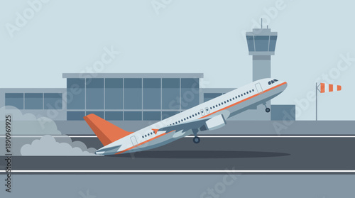 Takeoff Action, Airplane, Airport, Illustration, Urban Environment, Side View, Flight Concept